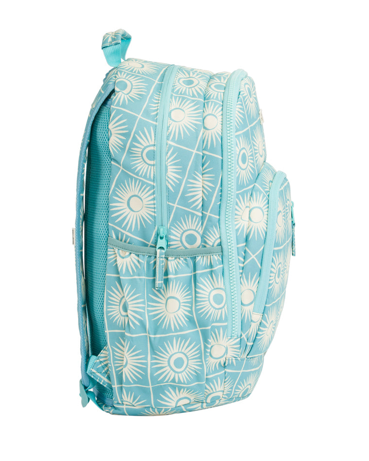 Side view of a blue backpack with white sunburst pattern showing side pocket and zip details.