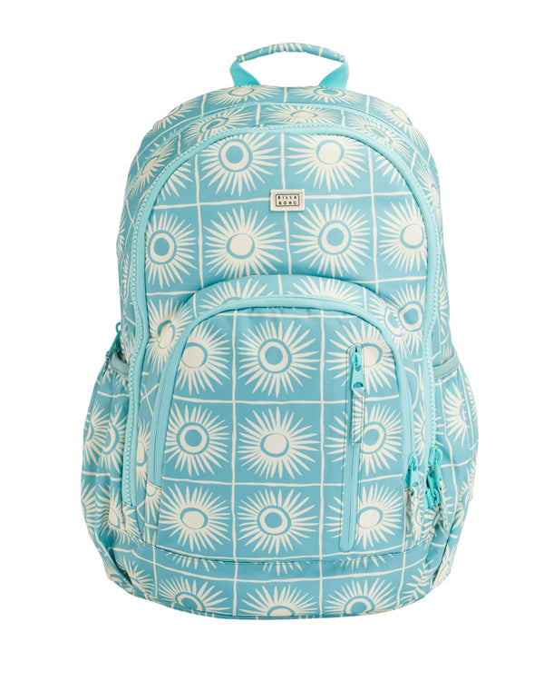 Front view of a blue backpack with white sunburst pattern and multiple compartments.