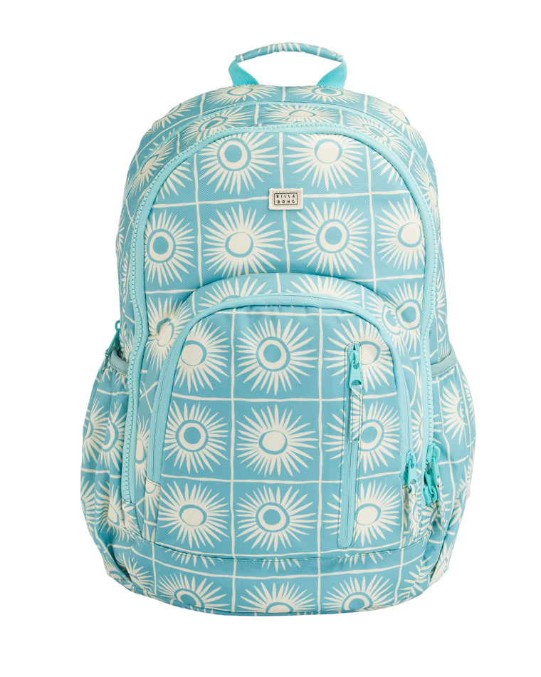 Front view of a blue backpack with white sunburst pattern and multiple compartments.