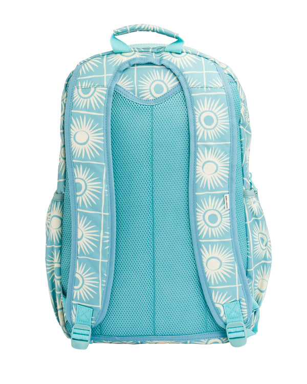 Back view of a blue backpack with white sunburst pattern, padded mesh panel and adjustable straps.