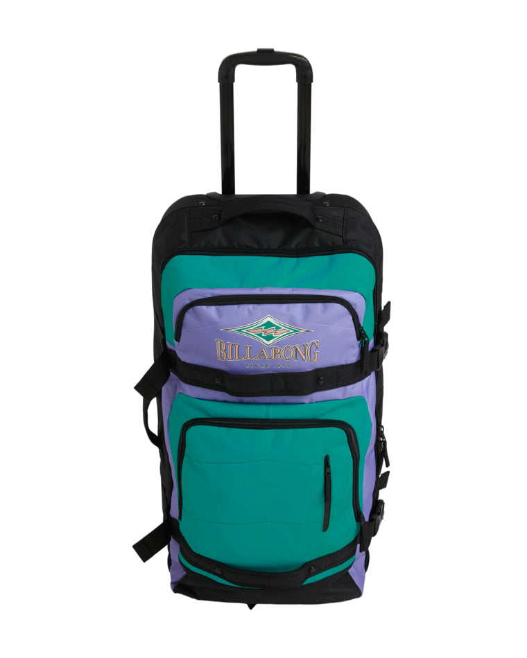 Front view of Billabong rolling travel bag in green, purple and black with logo embroidery and multiple pockets
