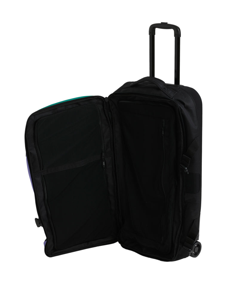 Interior view of Billabong rolling bag with dual zippered compartments and mesh storage panels