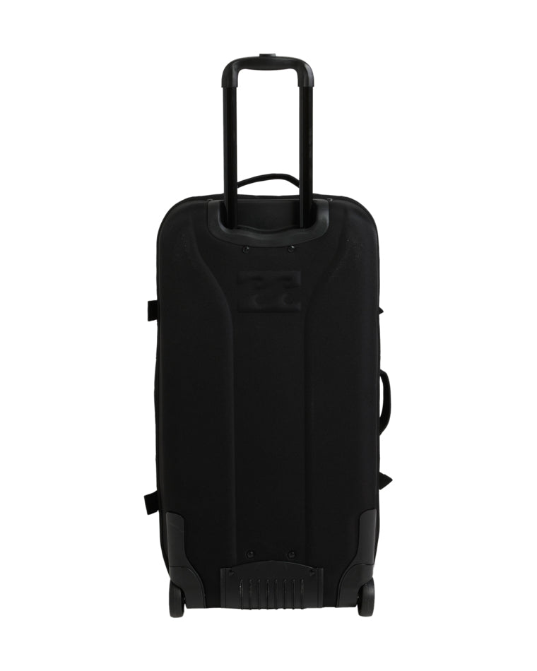 Back view of black Billabong wheeled luggage with retractable handle and subtle embossed wave logo