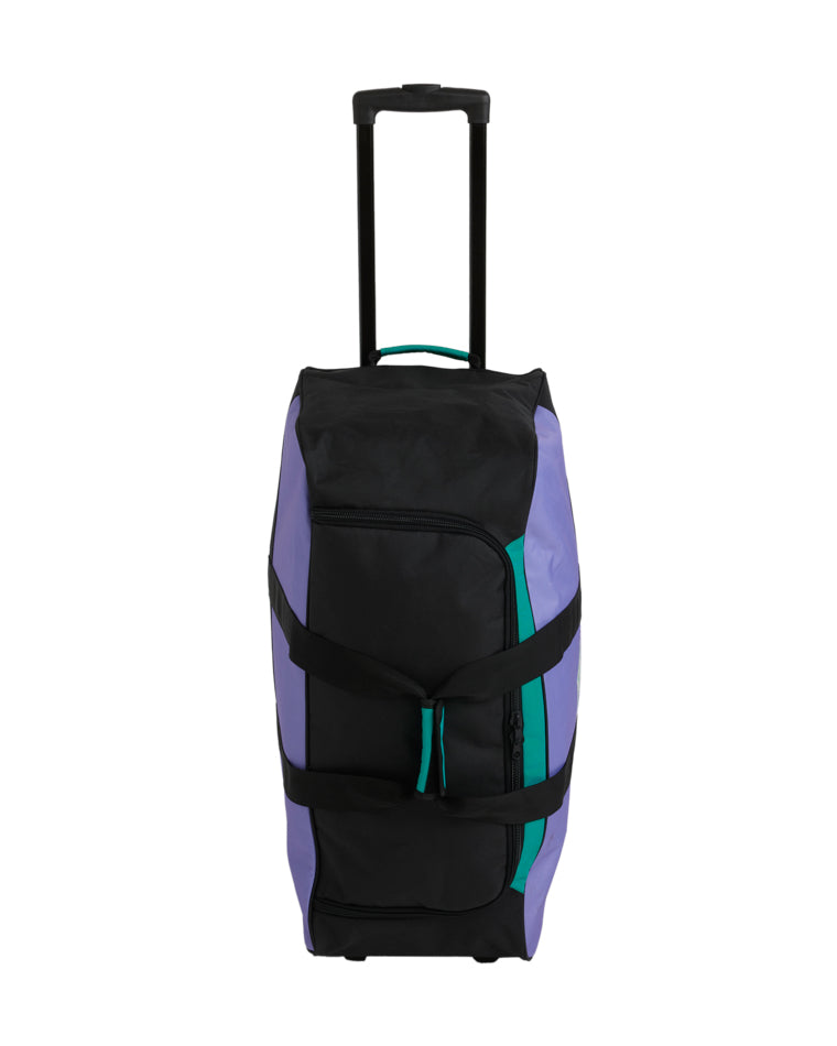 Front-end view of the Billabong travel bag highlighting the zippered top section, green carry handle, and supportive black compression straps.