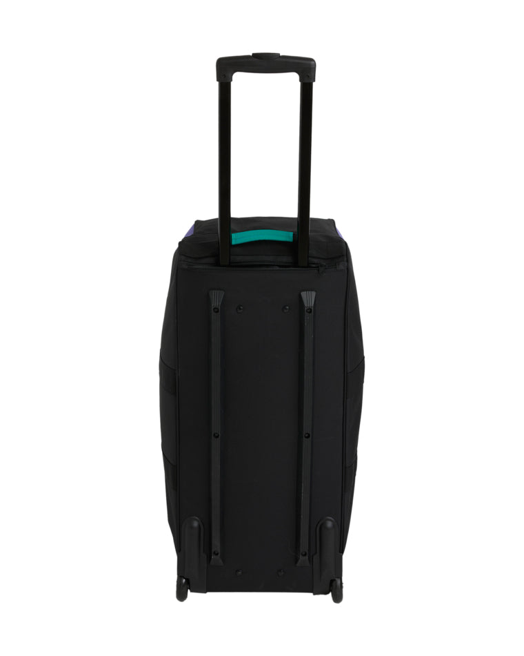 Rear view of the Billabong wheeled travel bag showing the back panel, dual rolling wheels, and fully extended telescopic handle.