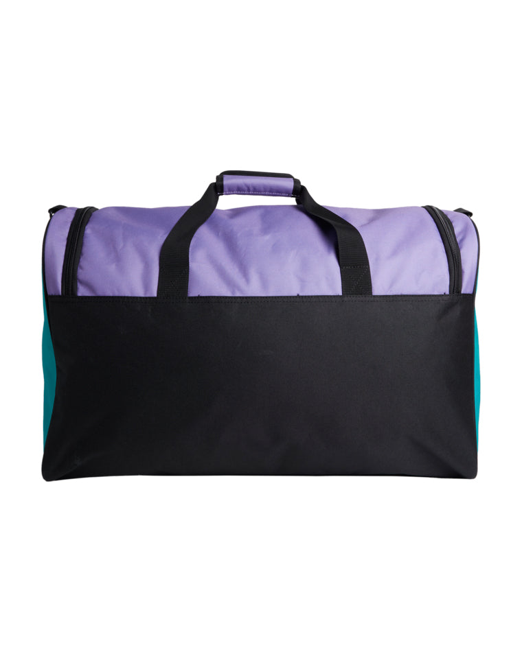 Back view of Billabong duffle bag showing plain black panel and purple top section.