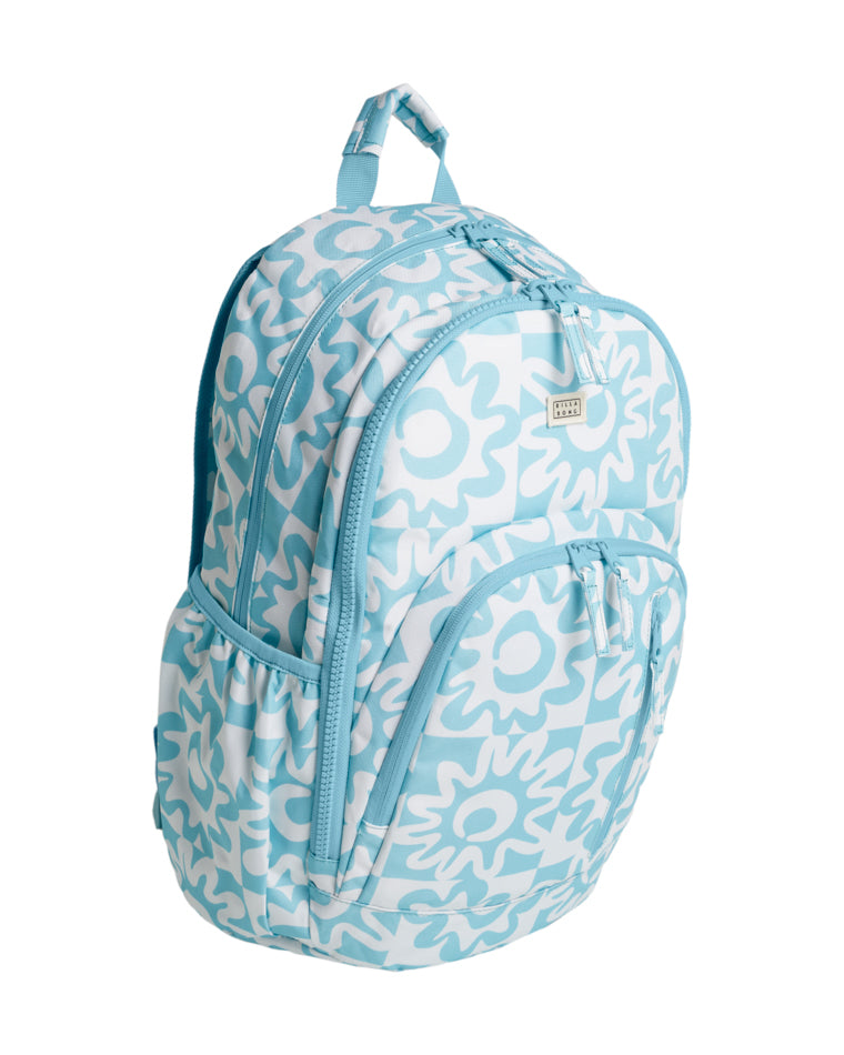 Side angled view of a backpack displaying the main compartment, front zip pockets, and elasticated side pocket.