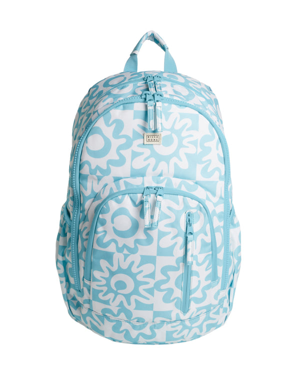 Front view of a blue and white printed backpack with an abstract sun pattern and a small rectangular logo badge near the top zipper.