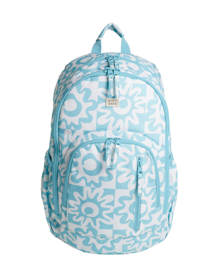 Front view of a blue and white printed backpack with an abstract sun pattern and a small rectangular logo badge near the top zipper.