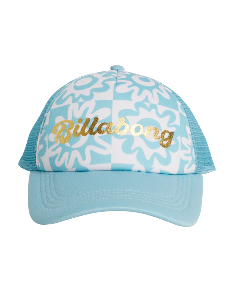 Billabong kids trucker hat front view with blue and white floral print and gold logo