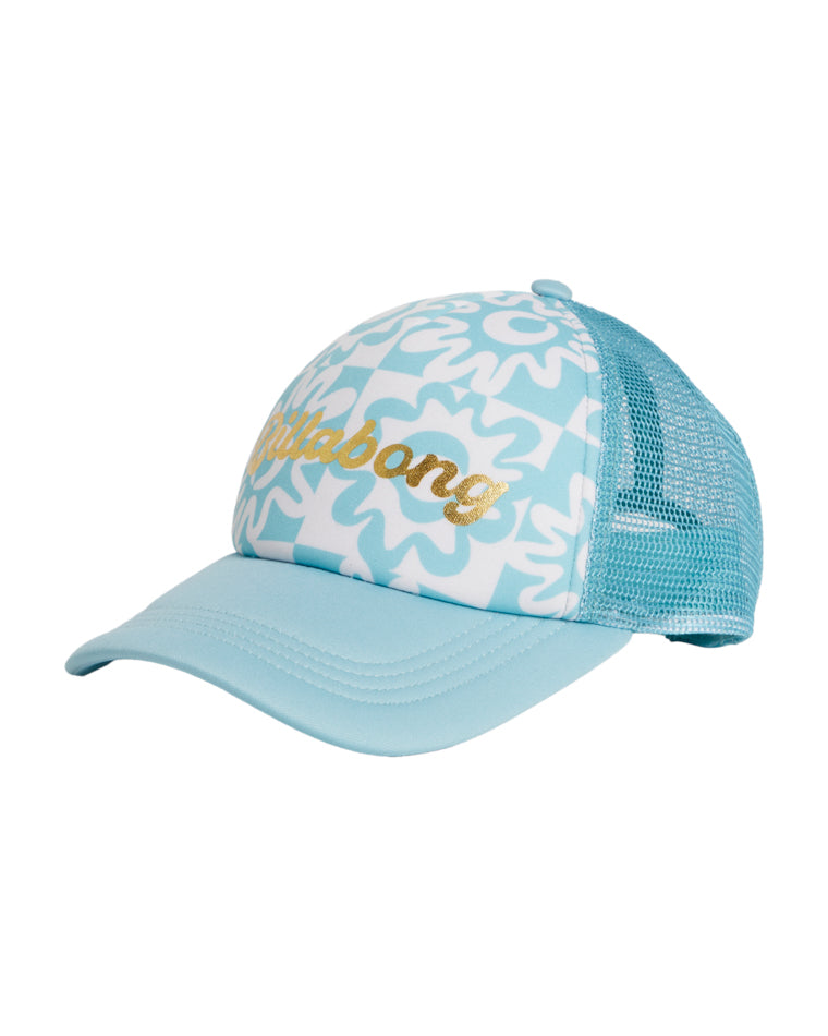 Side angle of Billabong kids trucker hat showing curved brim and mesh panel