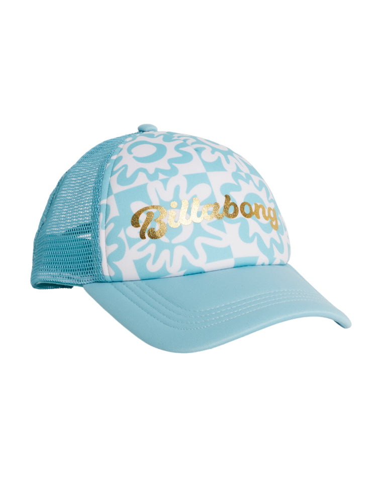Angled front view of Billabong kids floral trucker hat with curved brim and metallic gold logo