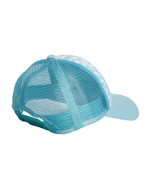 Back view of Billabong kids trucker hat with adjustable mesh strap in light blue