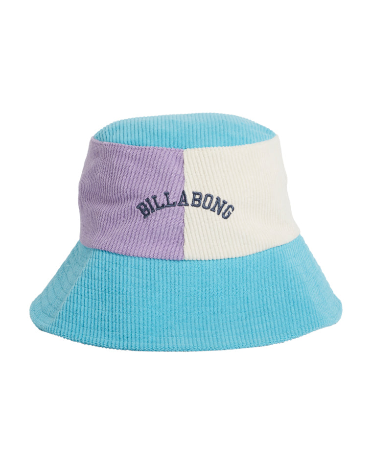 Front view of a colour-blocked Billabong bucket hat in aqua, cream and lilac corduroy