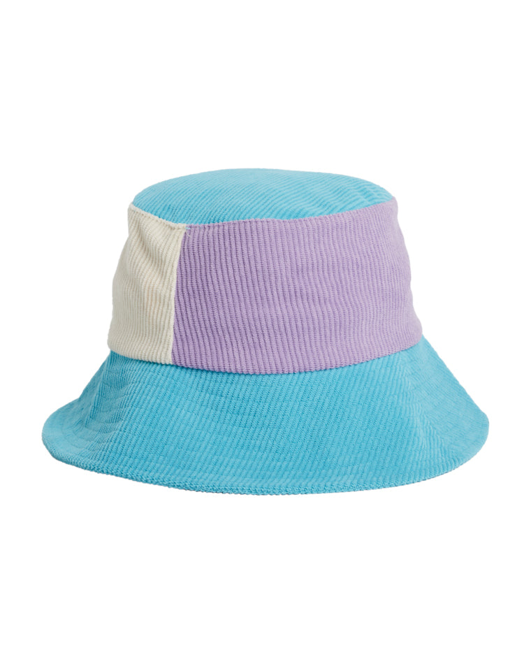 Back view of a Billabong bucket hat in aqua and lilac corduroy with wide brim