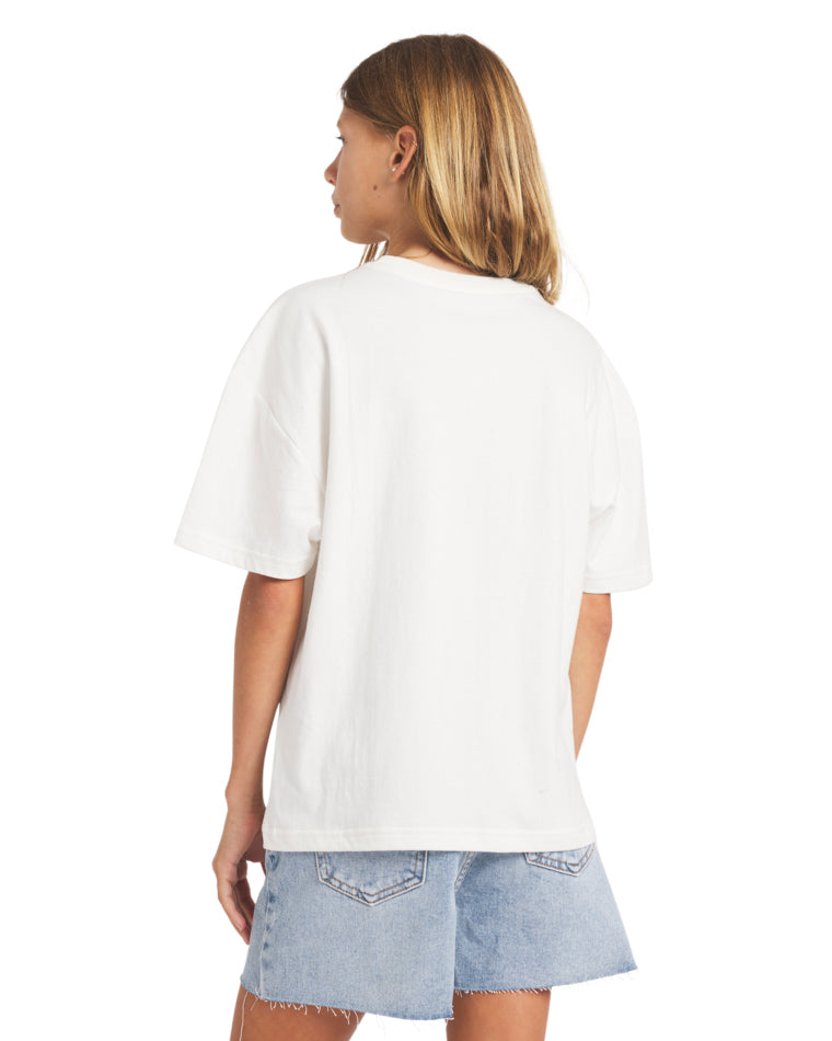 Back view of a girl wearing a white t-shirt and light-wash denim shorts.