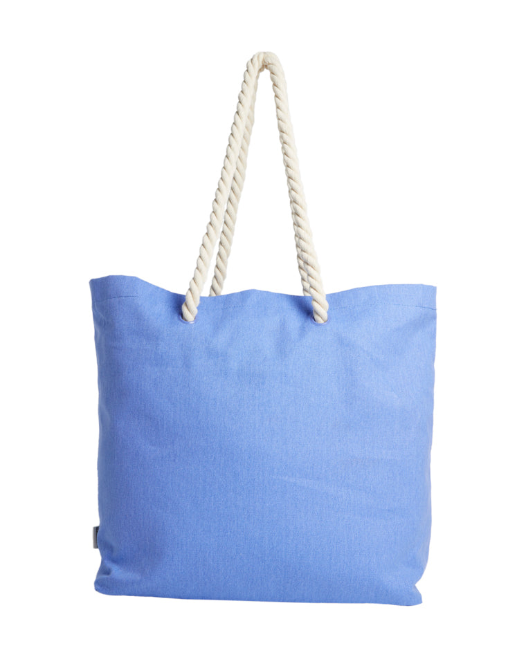 Back view of a light blue tote bag with thick white rope handles and no visible branding or design elements.
