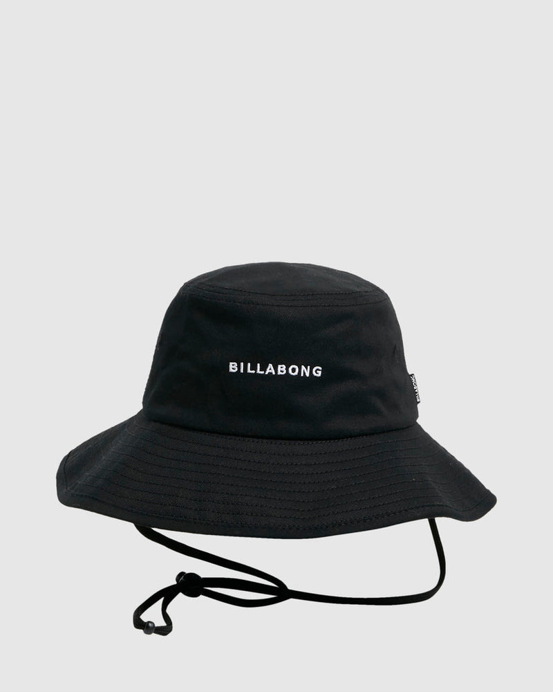 Black Billabong bucket hat with chin strap and embroidered logo on front