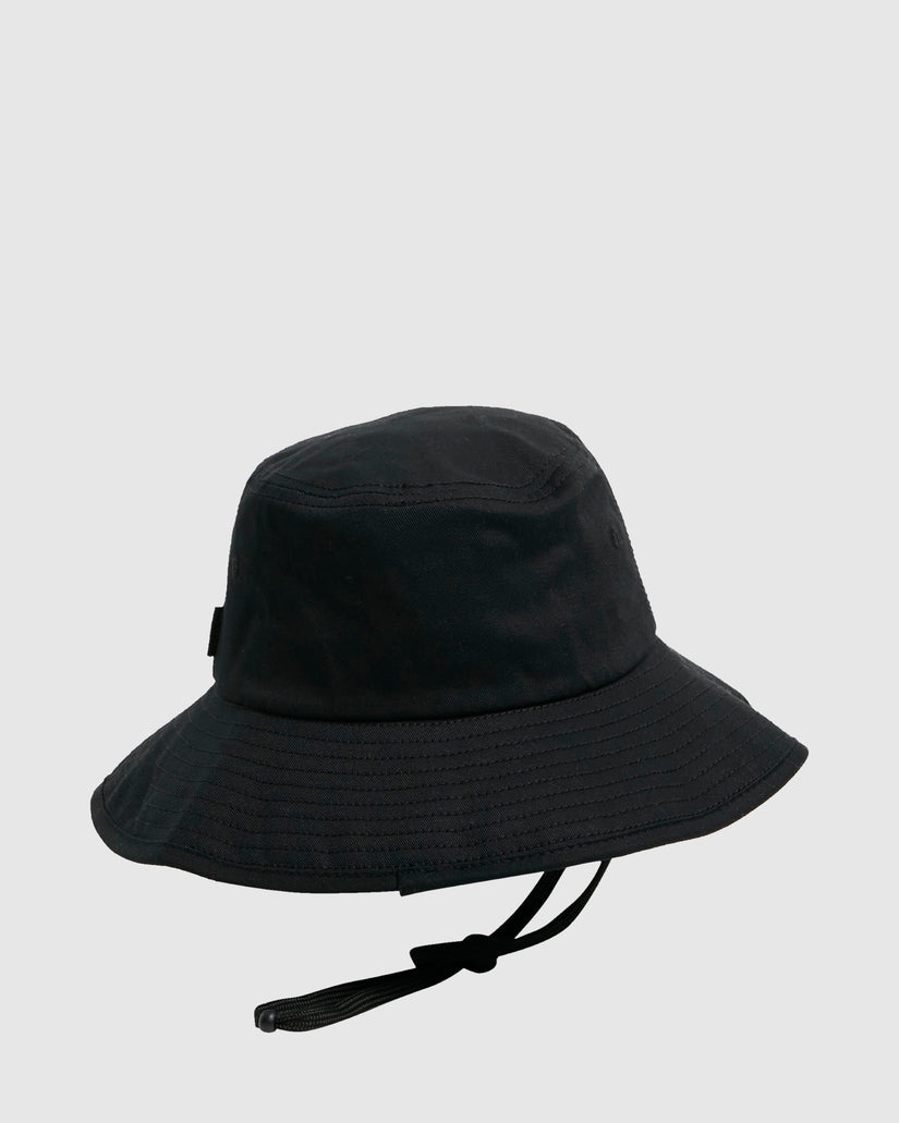 Rear view of black Billabong bucket hat with adjustable drawcord
