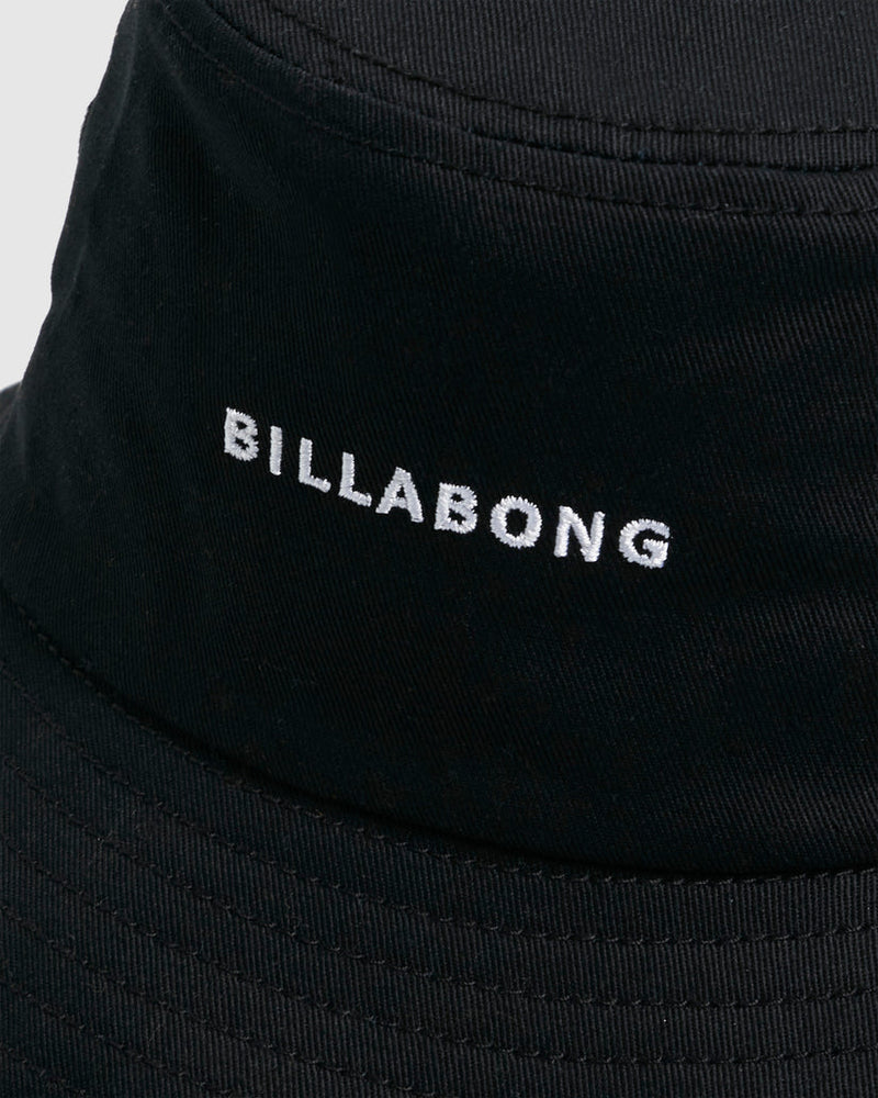 Close-up of Billabong embroidered logo on black bucket hat
