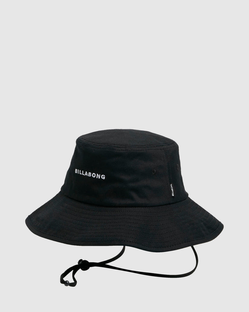 Side profile of black Billabong bucket hat showing logo and shape
