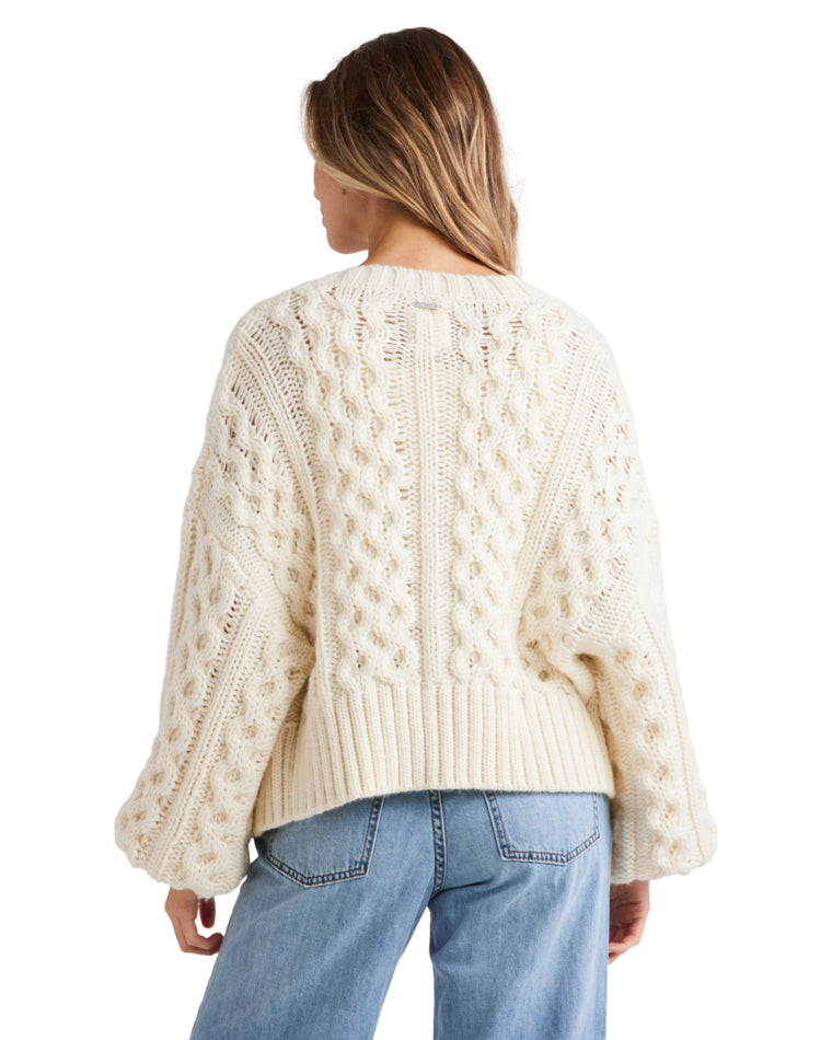 Back view of a female model wearing a cream chunky knit cardigan with intricate cable patterns and relaxed sleeves.