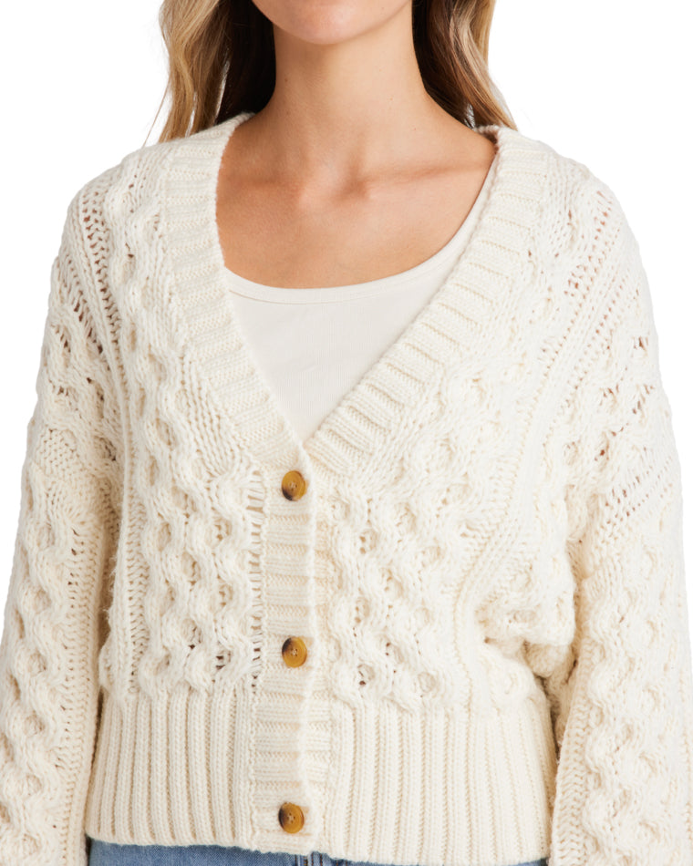 Close-up of a cream chunky knit cardigan with a V-neckline, cable knit pattern, ribbed hem, and wooden button details.
