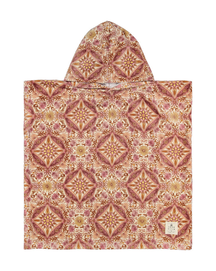 Hooded changing towel with an intricate maroon, mustard, and cream geometric floral pattern and a small stitched label near the bottom edge.