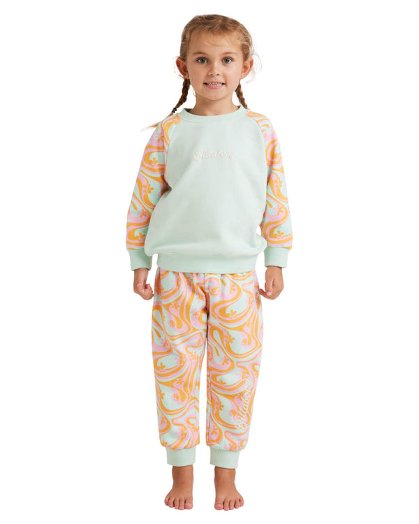 A mint green crewneck fleece with pastel swirl-patterned sleeves, ribbed cuffs, and an embroidered logo on the chest for kids.