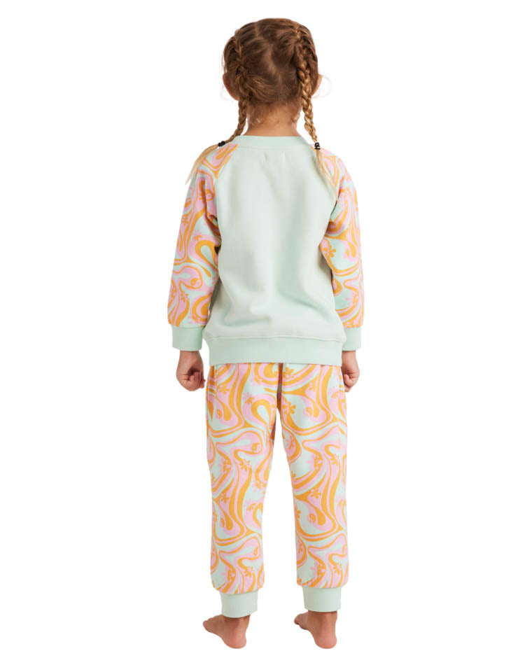 Back view of a mint green crewneck fleece with pastel swirl-patterned sleeves and ribbed cuffs, designed for kids.