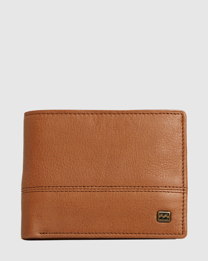Front view of a tan leather wallet with a textured finish, tonal stitching detail across the middle, and a small metal Billabong logo in the corner.