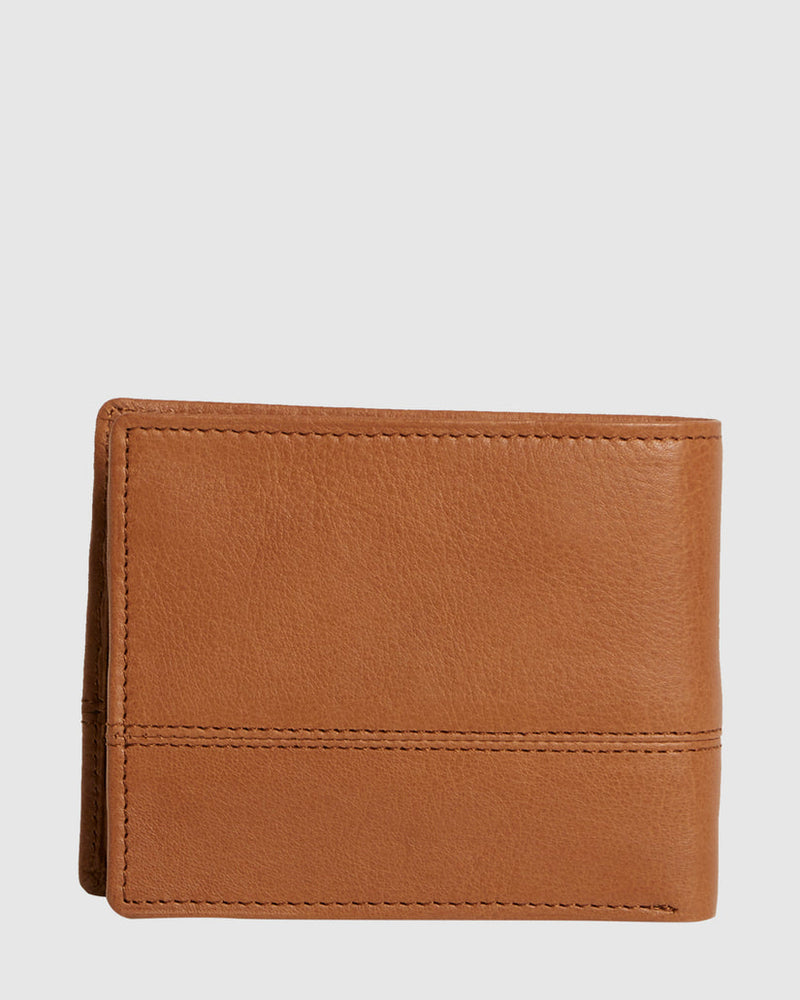 Back view of a tan leather wallet featuring a smooth and textured finish with horizontal tonal stitching across the lower third.