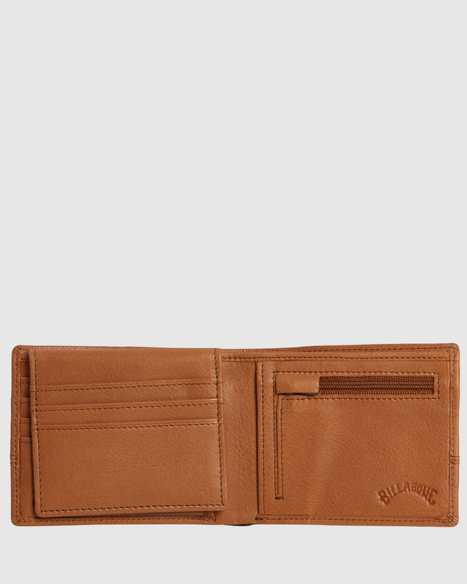 Inside view of a tan leather wallet featuring multiple card slots, a coin pocket with zip closure, and embossed Billabong branding.