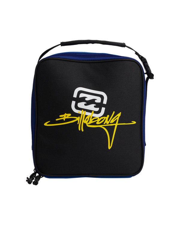 Black and blue Billabong lunchbox with yellow signature logo, zip closure, and a top handle for easy carrying.