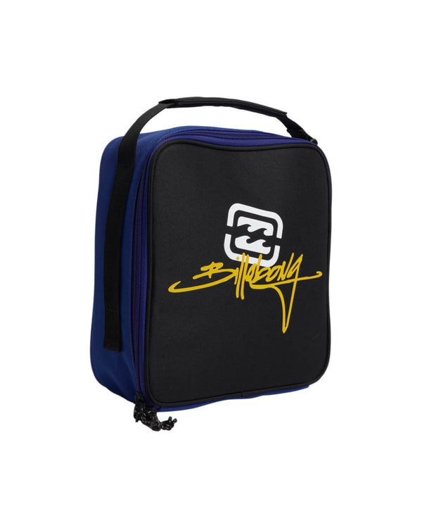 Billabong black and blue insulated lunchbox with yellow logo, zip closure, and a top handle for easy carrying.