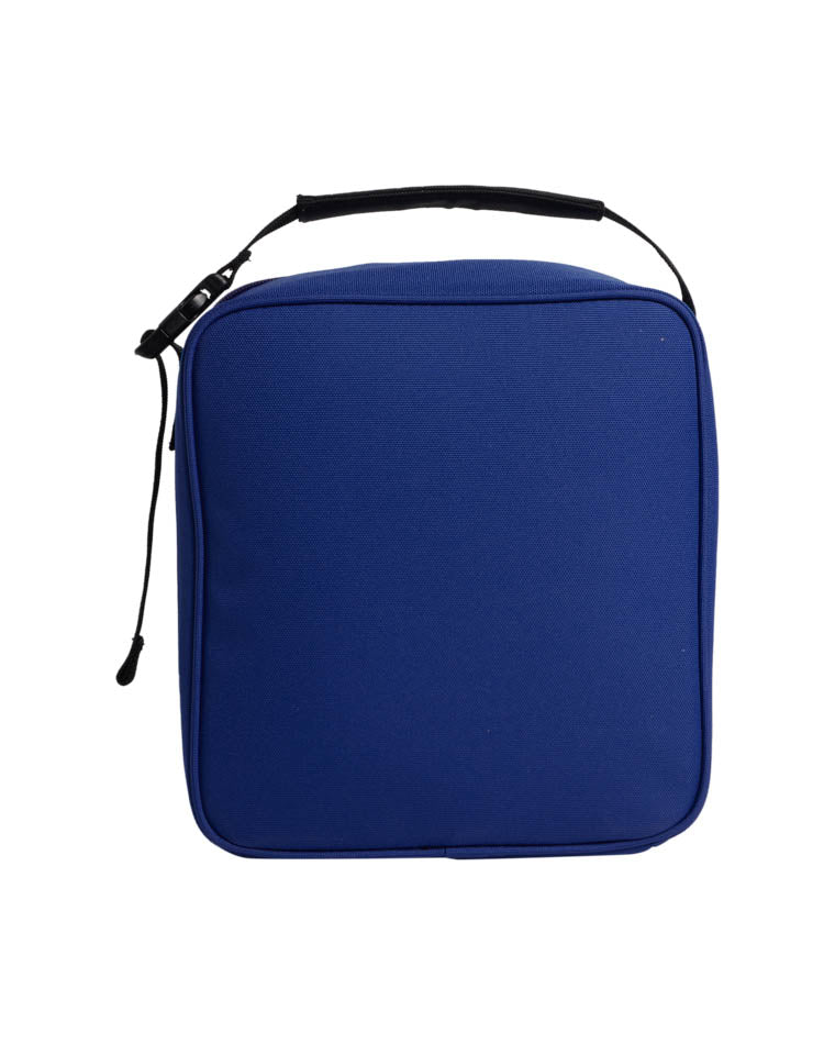 Back view of a blue insulated lunchbox with a black handle and zip closure, designed for easy carrying and storage.