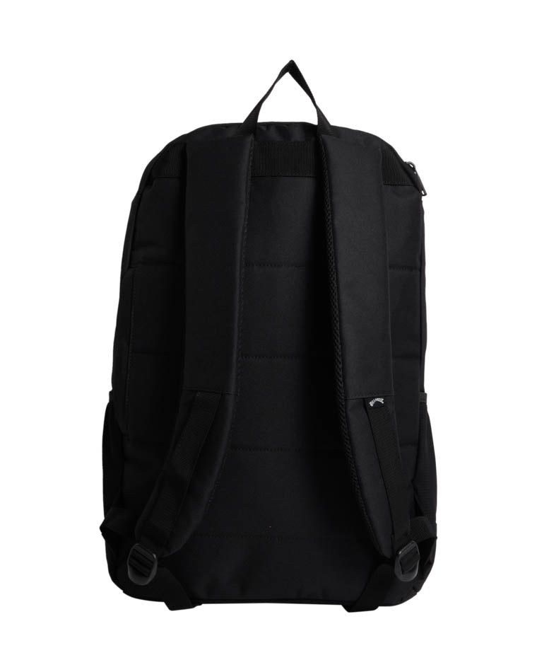 Back view of a black Billabong backpack featuring padded adjustable shoulder straps, a top handle, and a simple design.