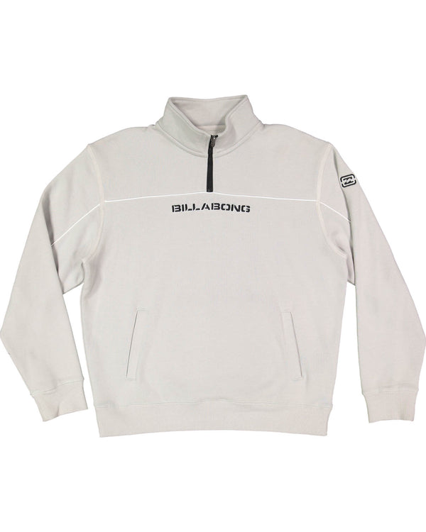 Light grey Billabong quarter-zip fleece with black logo on the chest, ribbed cuffs, kangaroo pockets, and a high collar.