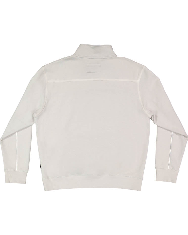 Back view of a light grey Billabong quarter-zip fleece with ribbed cuffs, high collar, and subtle piping details