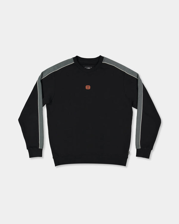 Black crewneck sweater with grey contrast piping on the sleeves, ribbed cuffs, and a small embroidered chest logo.