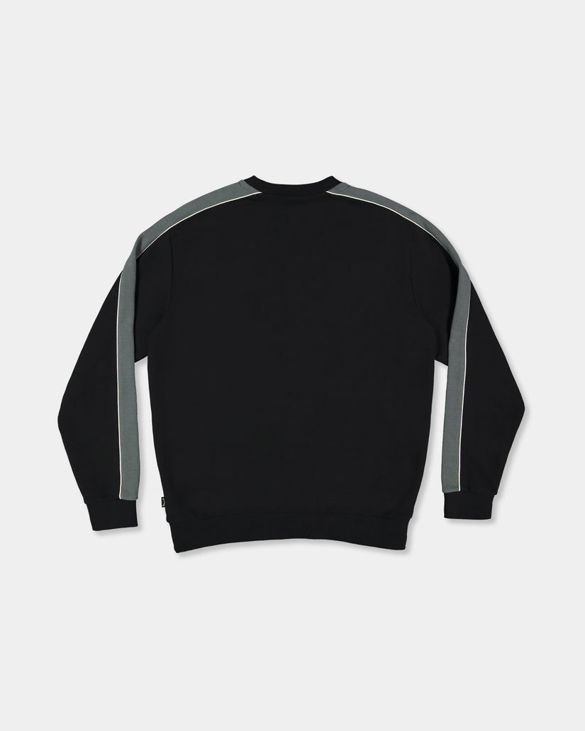 Back view of a black crewneck sweater featuring grey contrast piping along the sleeves and shoulders, with ribbed cuffs and hem.