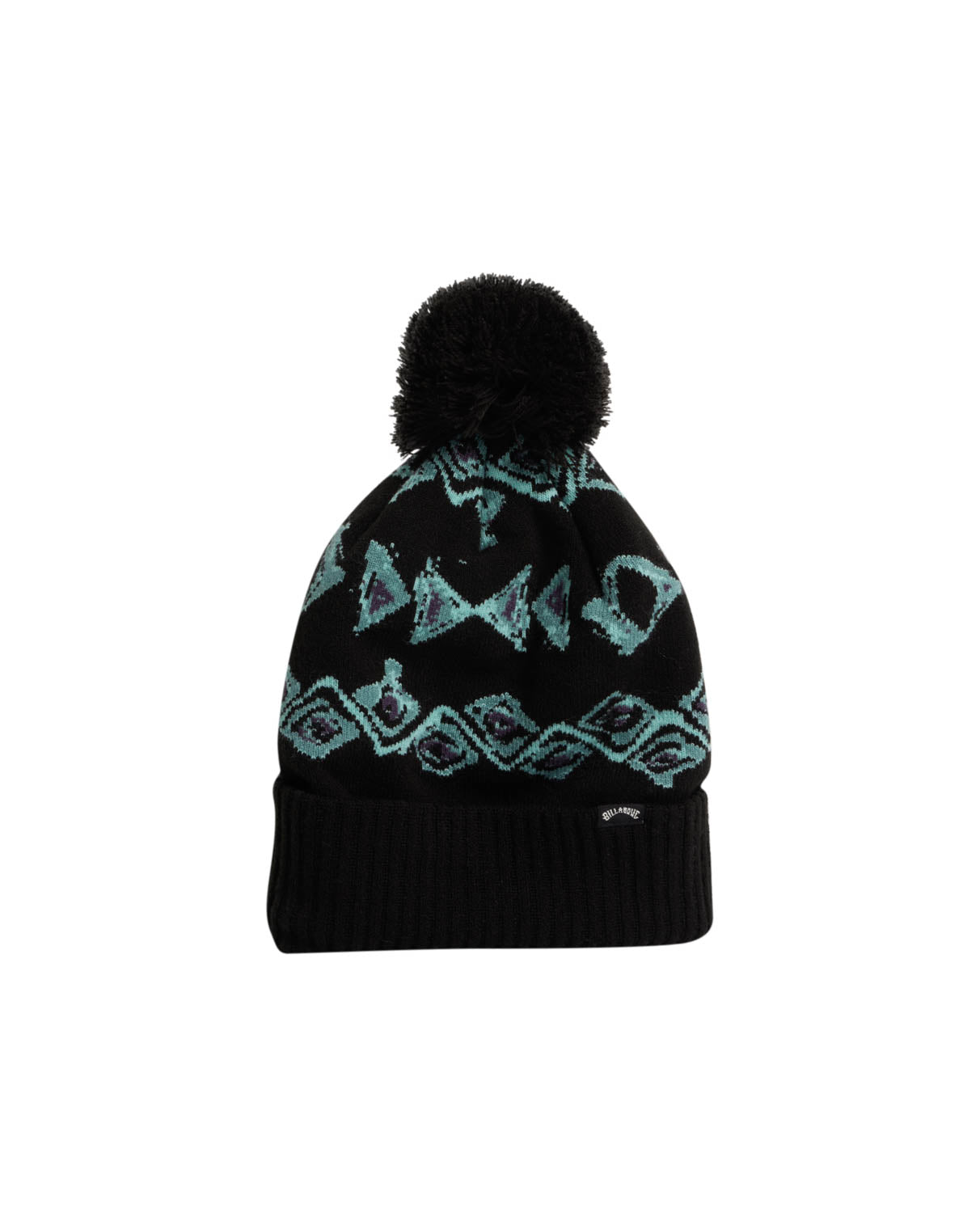 Black beanie with teal geometric patterns, a folded cuff, and a fluffy pom-pom on top, featuring a Billabong logo tag.