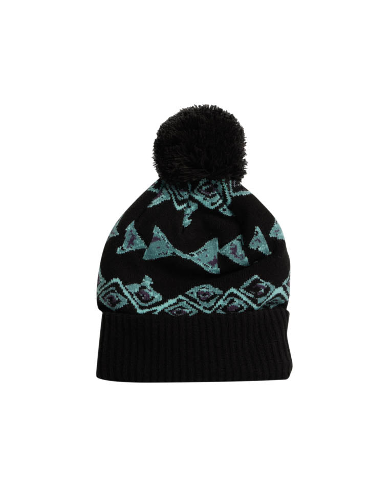 Black beanie with teal geometric patterns, ribbed cuff, and a fluffy pom-pom on top, featuring a retro-inspired design.