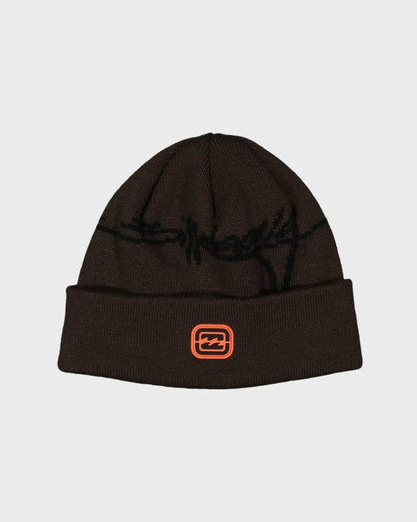 Chocolate brown beanie with graphic design and an orange Billabong logo patch on the folded cuff.