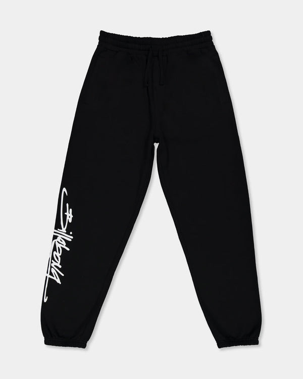 Black jogger pants with a white Billabong logo on the left leg, featuring an elastic waistband and cuffs for a relaxed fit.