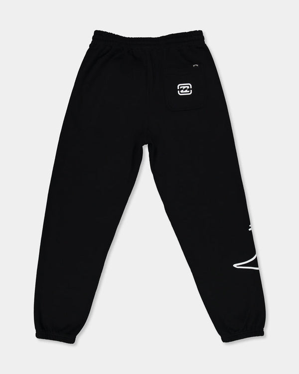 Black Billabong jogger pants with elastic cuffs, back pocket featuring a white logo, and a relaxed fit for casual wear.