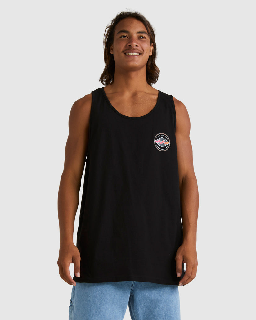 Sleeveless black tank with small circular surf logo on the chest