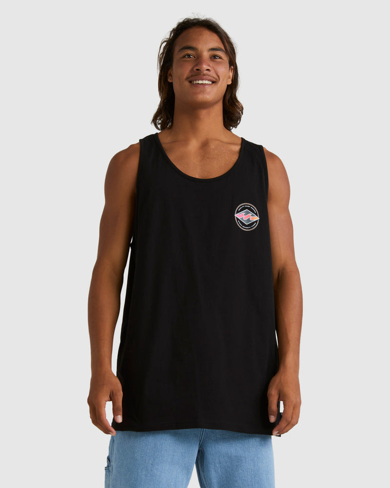 Sleeveless black tank with small circular surf logo on the chest