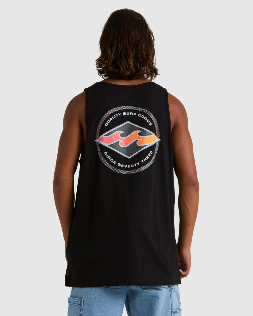 Back view of black tank top with large circular Rip Curl logo in red and orange