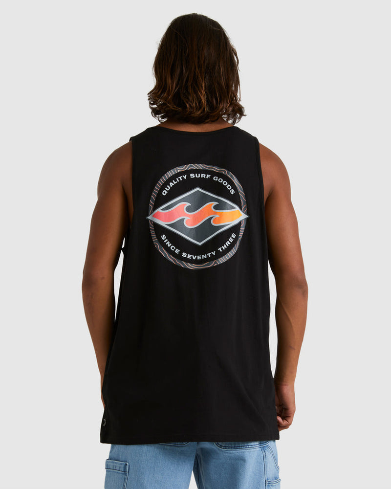 Back view of black tank top with large circular Rip Curl logo in red and orange